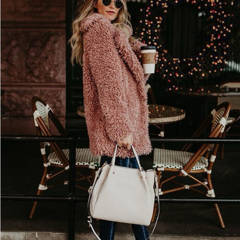 Mauve pink shaggy oversized warm Faux fur teddy pea coat
